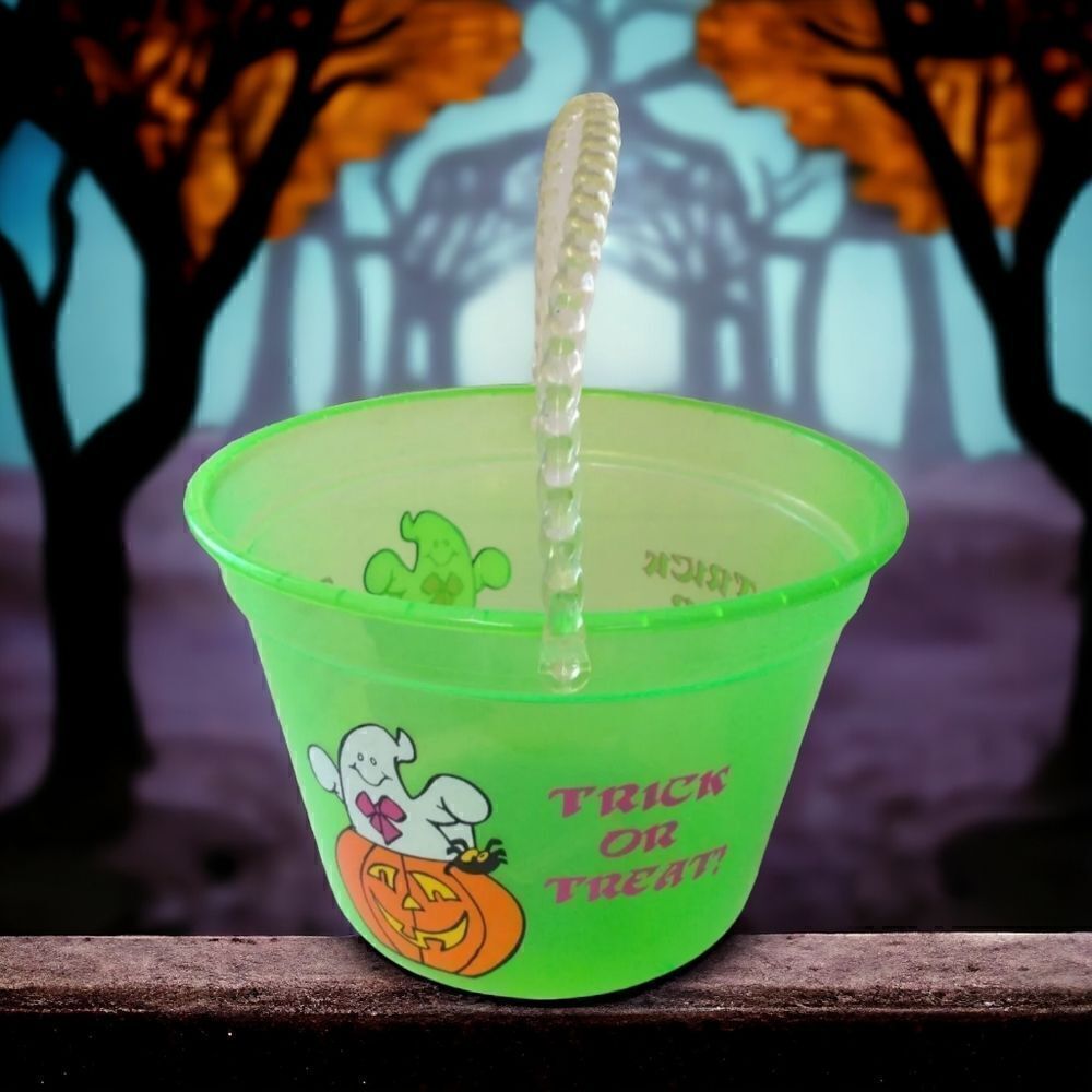 Vtg Halloween Trick Or Treat Bucket Pail Green Plastic Ghost Pumpkin Candy Kmart
